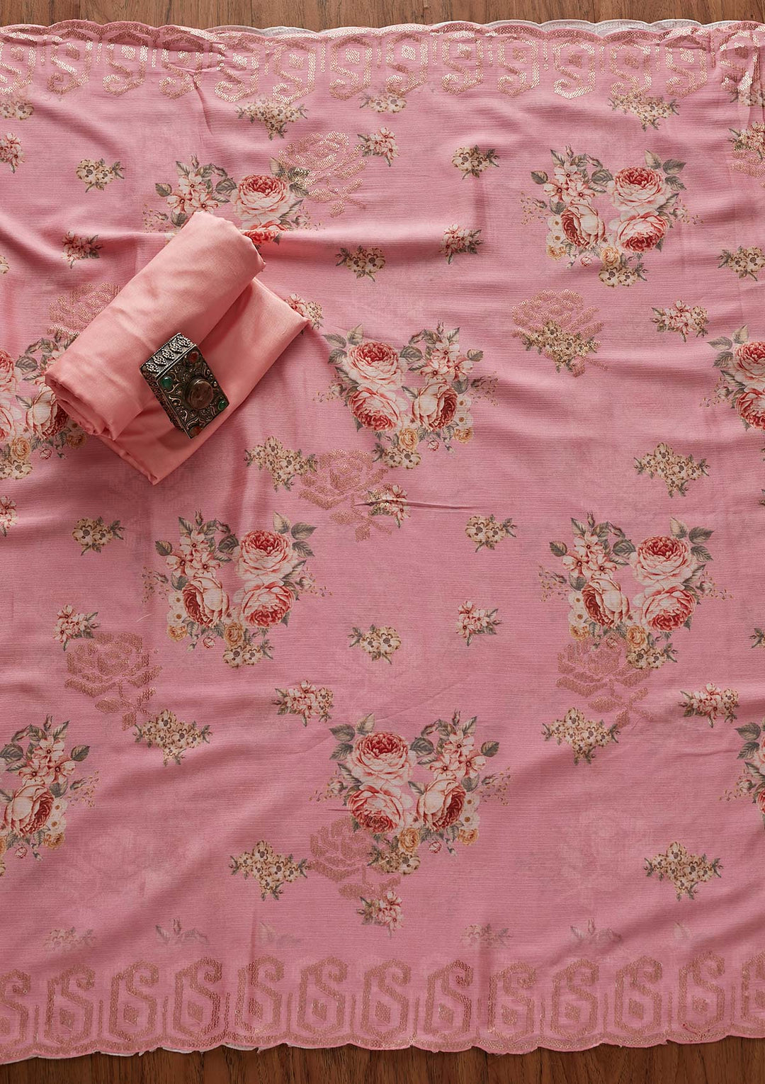 Pink Sequins Georgette Designer Unstitched Salwar Suit - koskii
