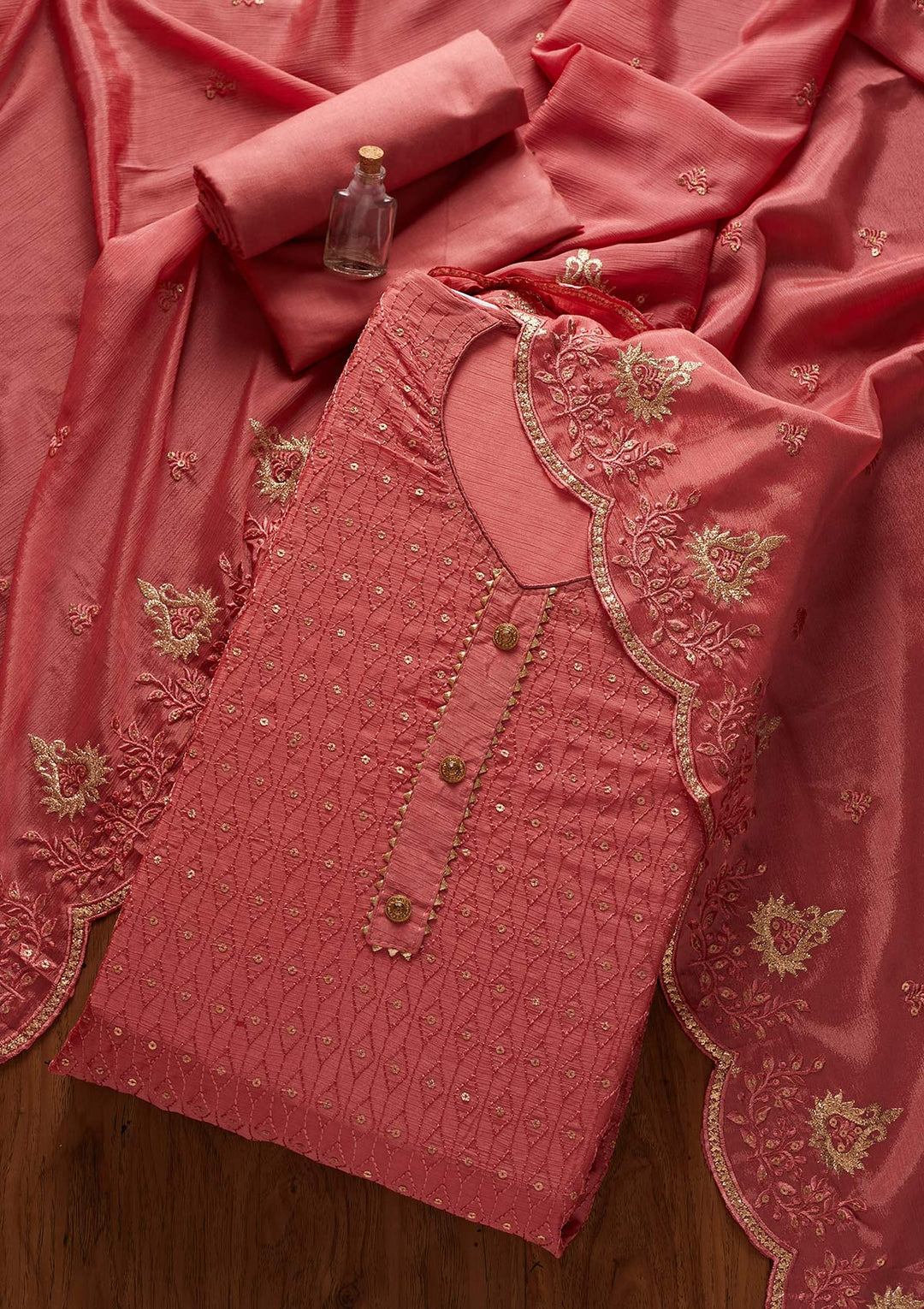 Pink Sequins Georgette Designer Unstitched Salwar Suit - koskii