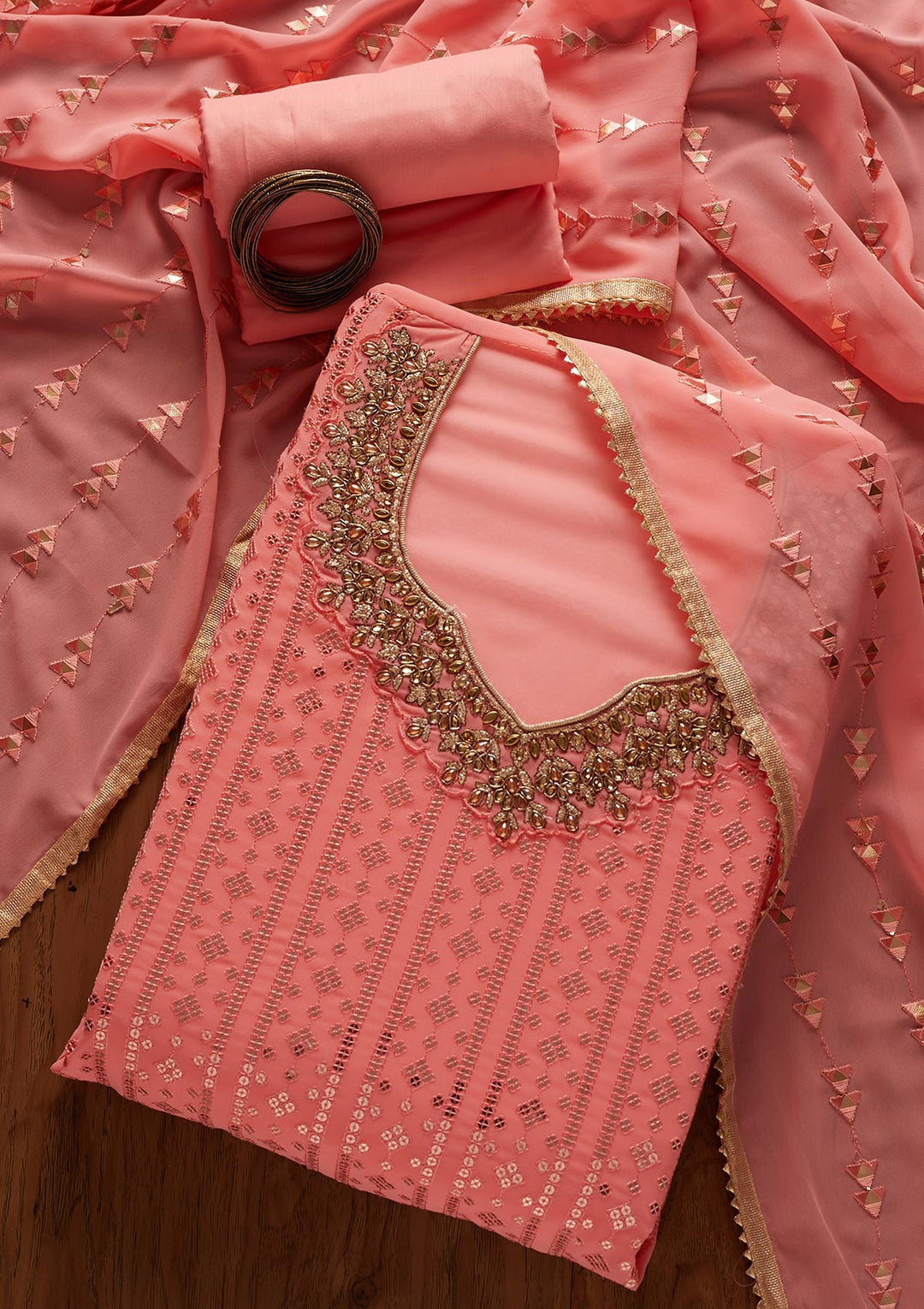 Pink Sequins Georgette Designer Unstitched Salwar Suit - koskii