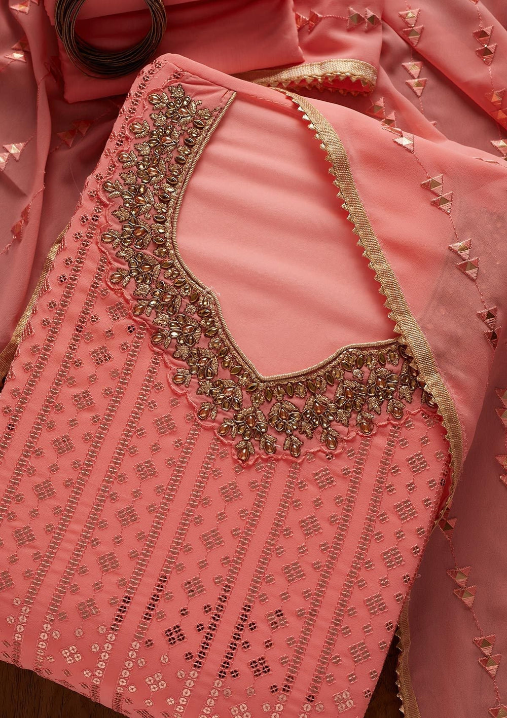 Pink Sequins Georgette Designer Unstitched Salwar Suit - koskii