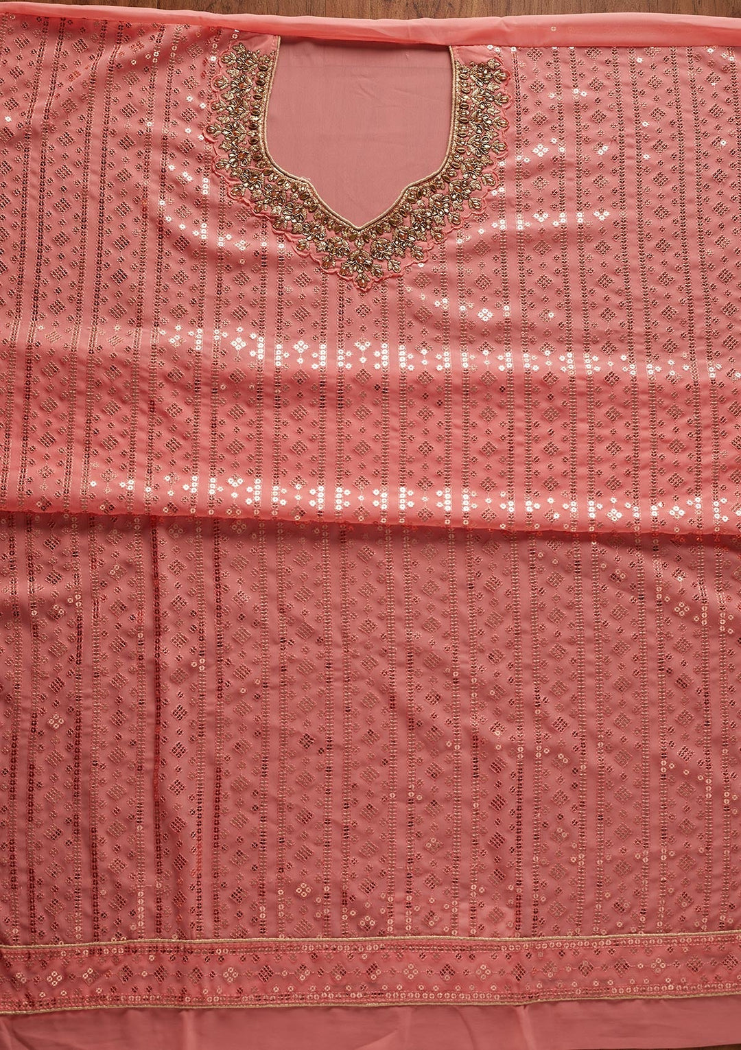Pink Sequins Georgette Designer Unstitched Salwar Suit - koskii