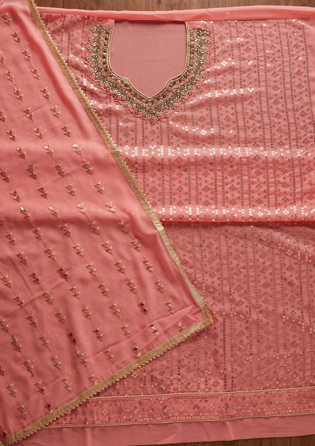 Pink Sequins Georgette Designer Unstitched Salwar Suit - koskii