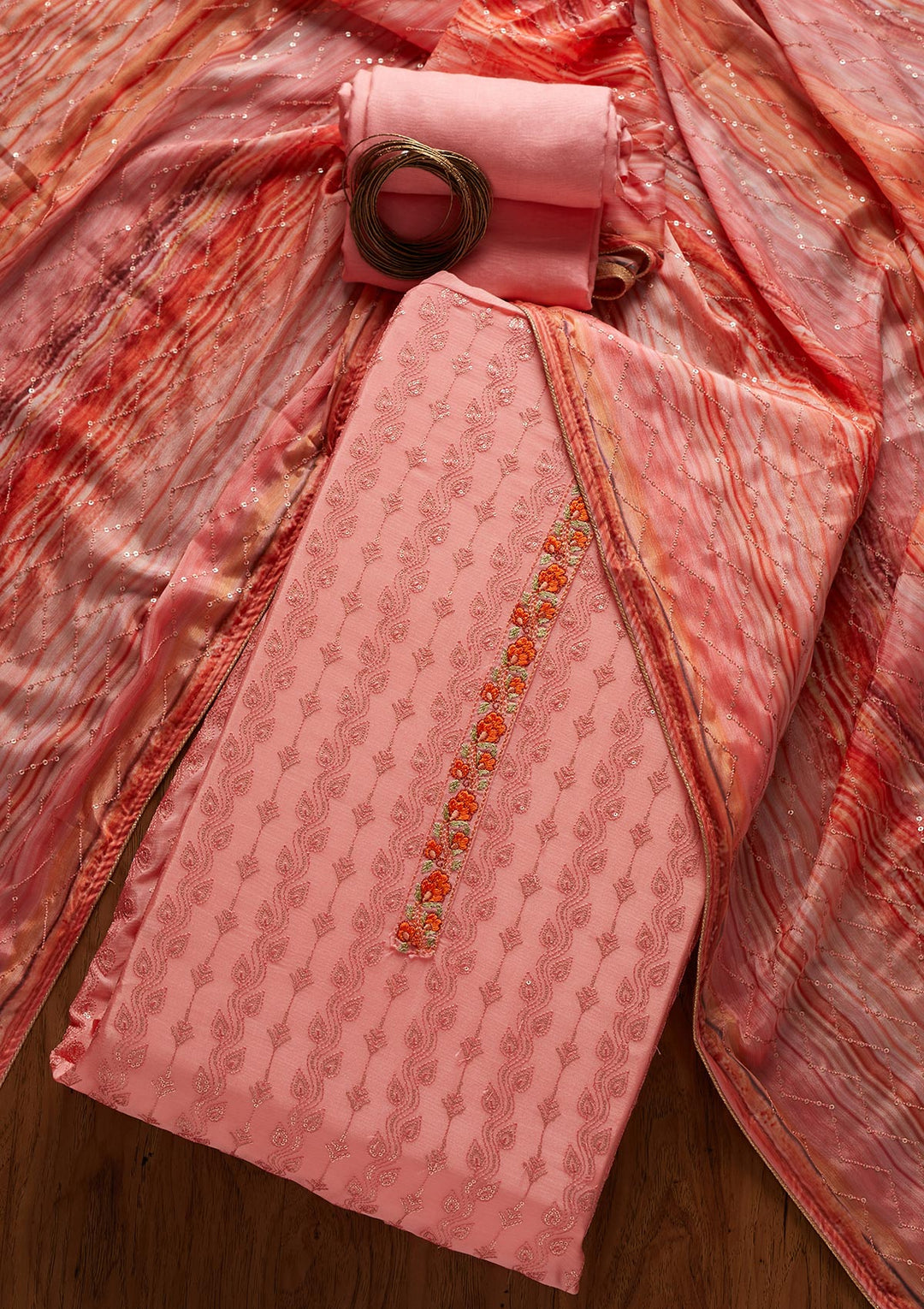 Pink Sequins Georgette Designer Unstitched Salwar Suit - koskii