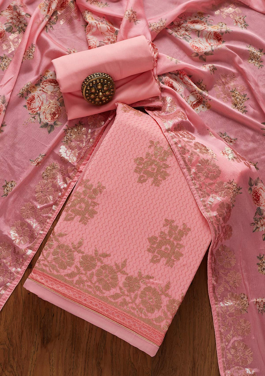 Pink Sequins Georgette Designer Unstitched Salwar Suit - koskii
