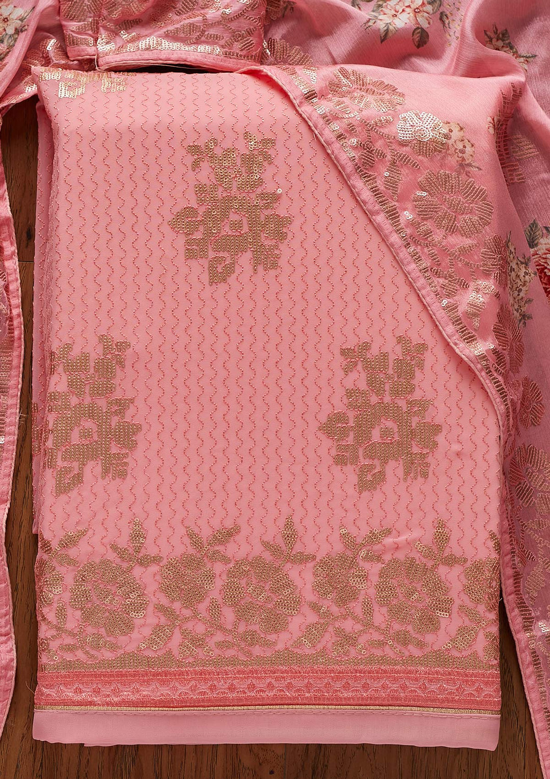 Pink Sequins Georgette Designer Unstitched Salwar Suit - koskii