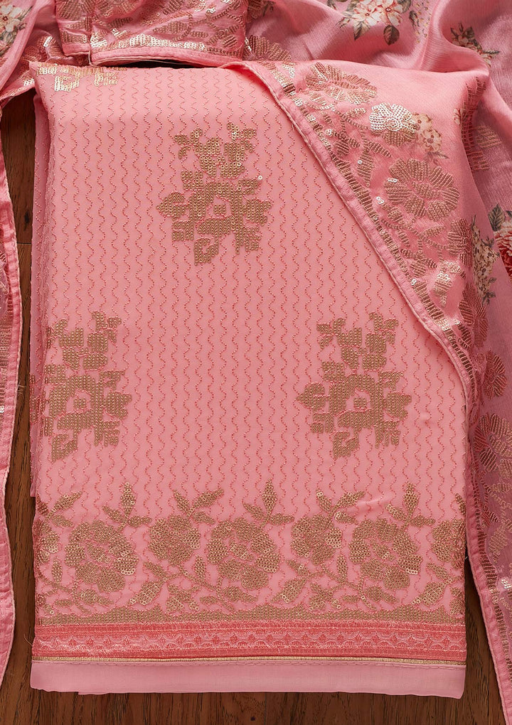 Pink Sequins Georgette Designer Unstitched Salwar Suit - koskii