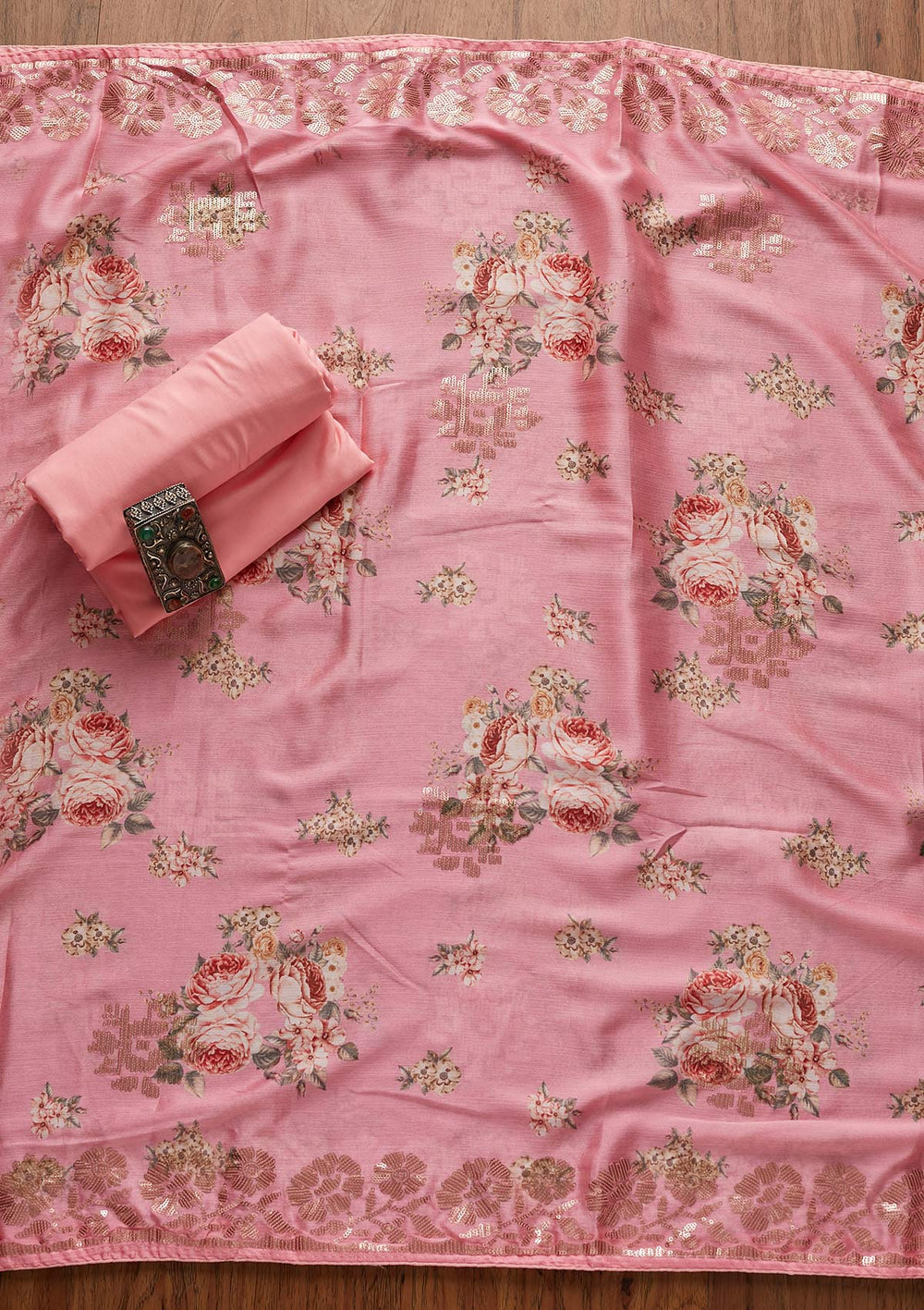 Pink Sequins Georgette Designer Unstitched Salwar Suit - koskii