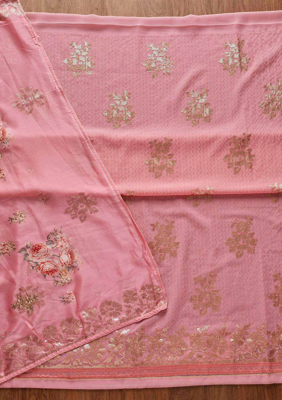 Pink Sequins Georgette Designer Unstitched Salwar Suit - koskii