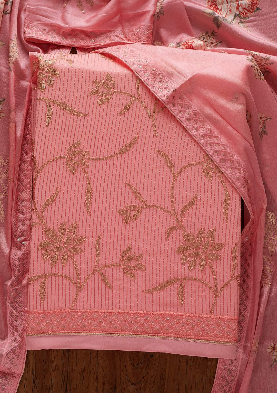 Pink Sequins Georgette Designer Unstitched Salwar Suit - koskii