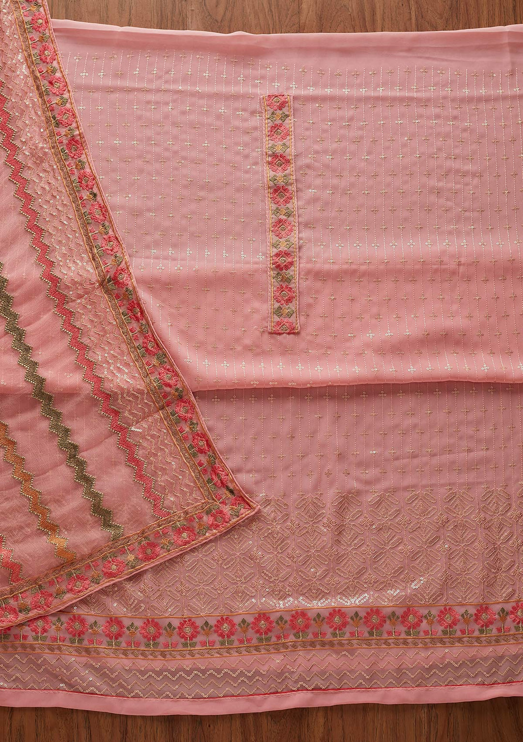 Pink Sequins Georgette Designer Unstitched Salwar Suit - koskii