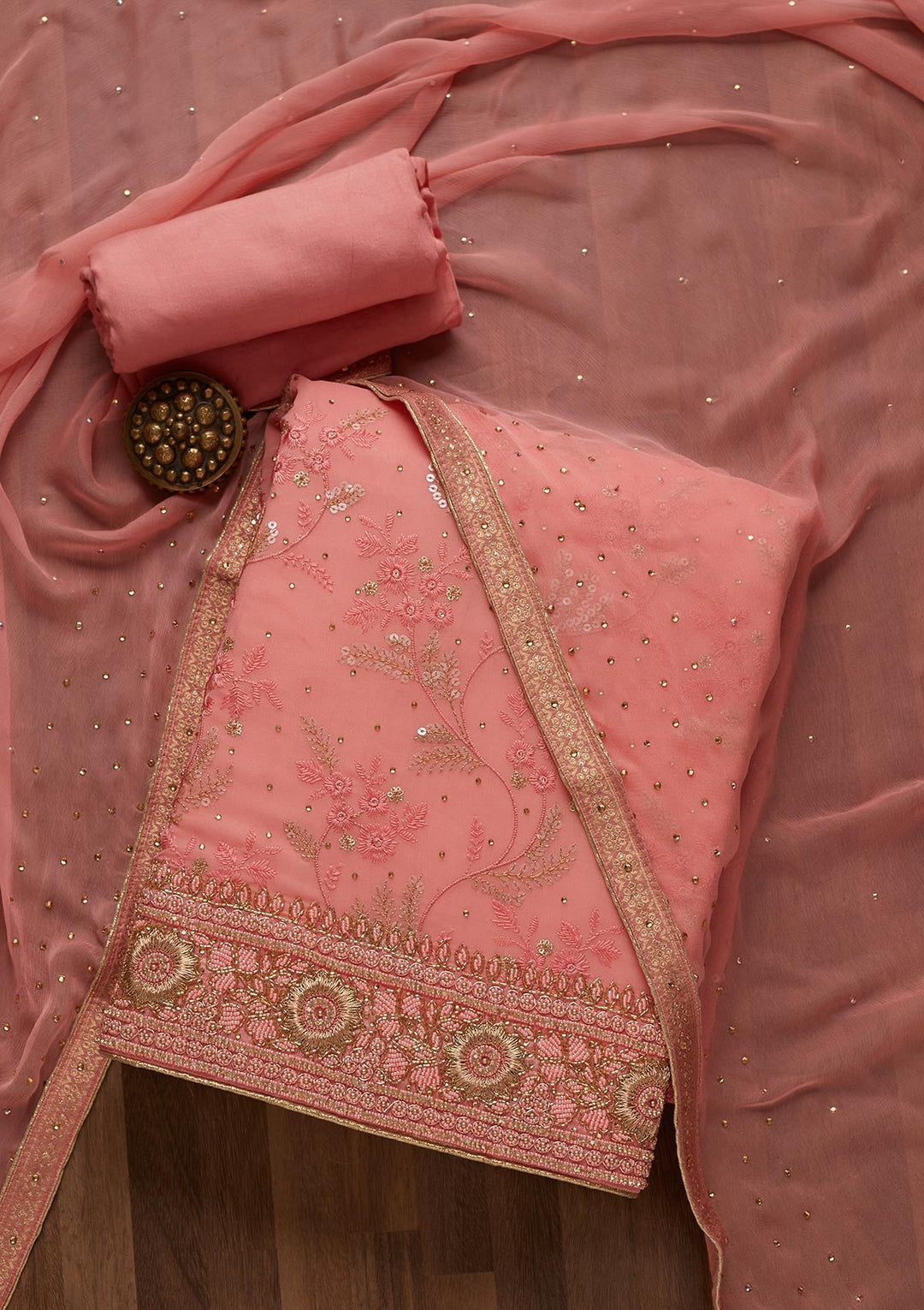 Pink Sequins Georgette Unstitched Salwar Suit- Koskii