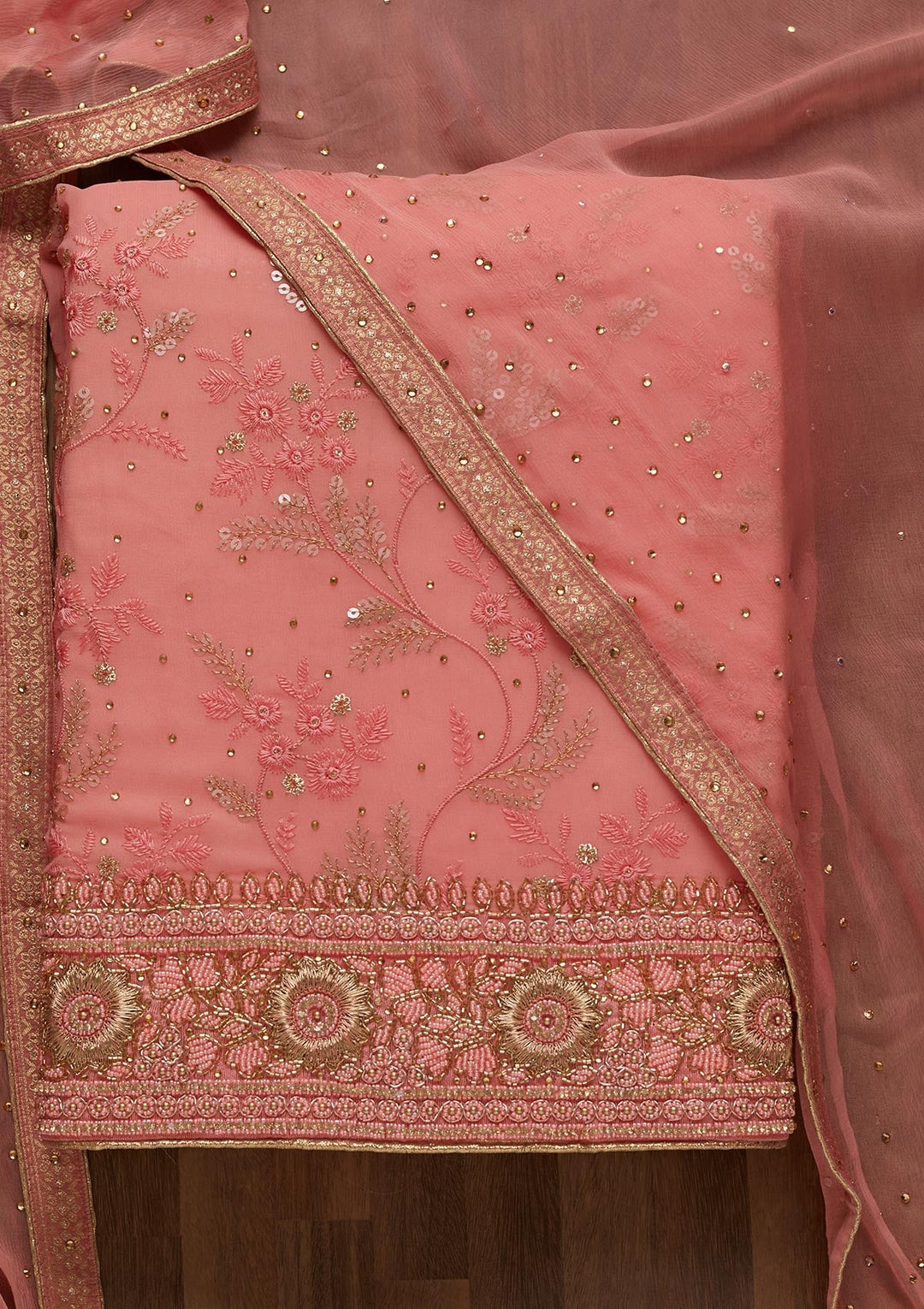 Pink Sequins Georgette Unstitched Salwar Suit - Koskii