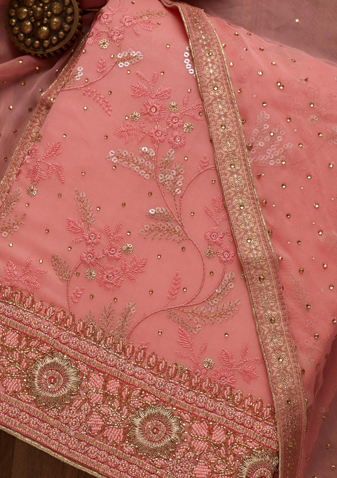 Pink Sequins Georgette Unstitched Salwar Suit - Koskii