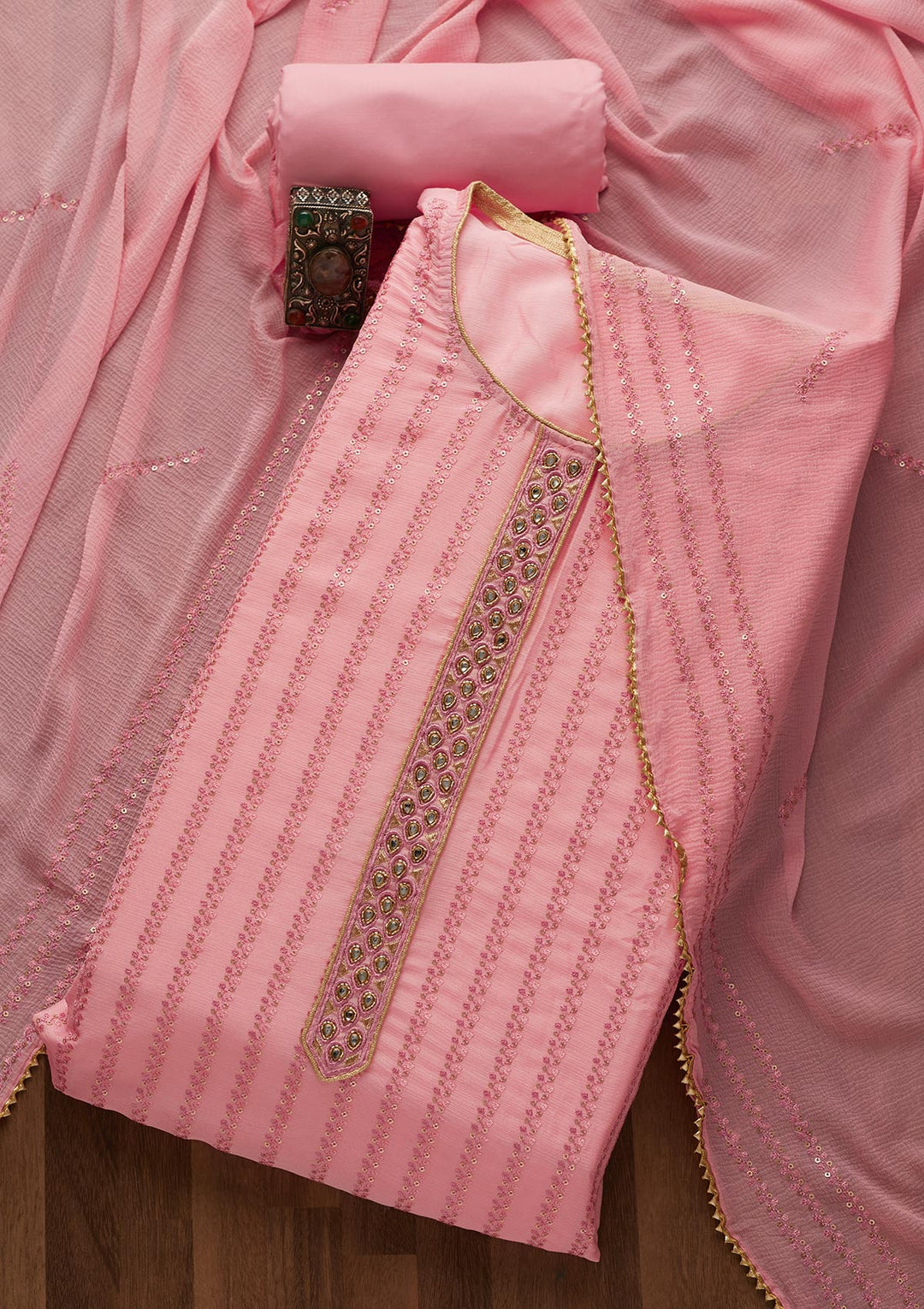 Pink Sequins Georgette Unstitched Salwar Suit-Koskii