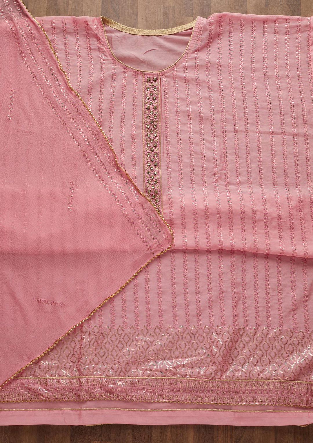 Pink Sequins Georgette Unstitched Salwar Suit-Koskii