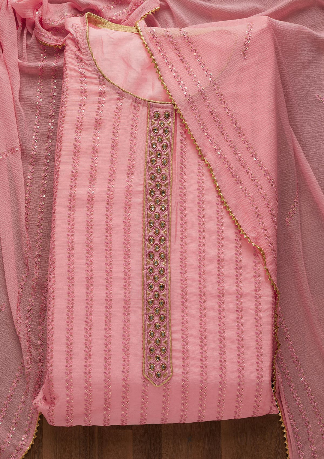 Pink Sequins Georgette Unstitched Salwar Suit-Koskii
