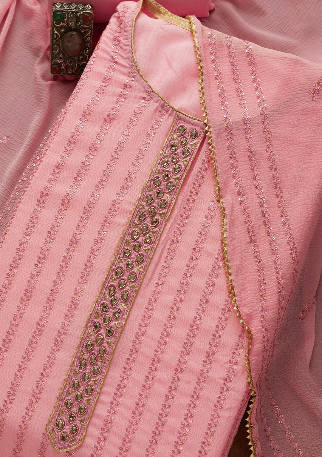 Pink Sequins Georgette Unstitched Salwar Suit-Koskii