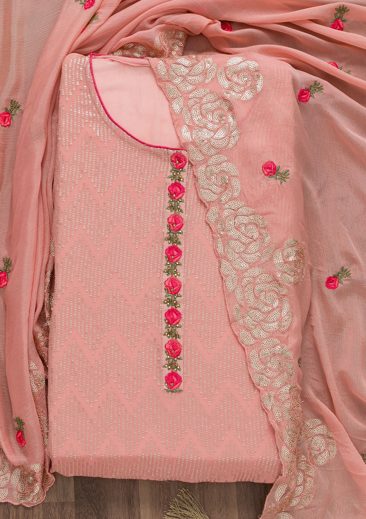 Pink Sequins Georgette Semi-Stitched Salwar Suit-Koskii