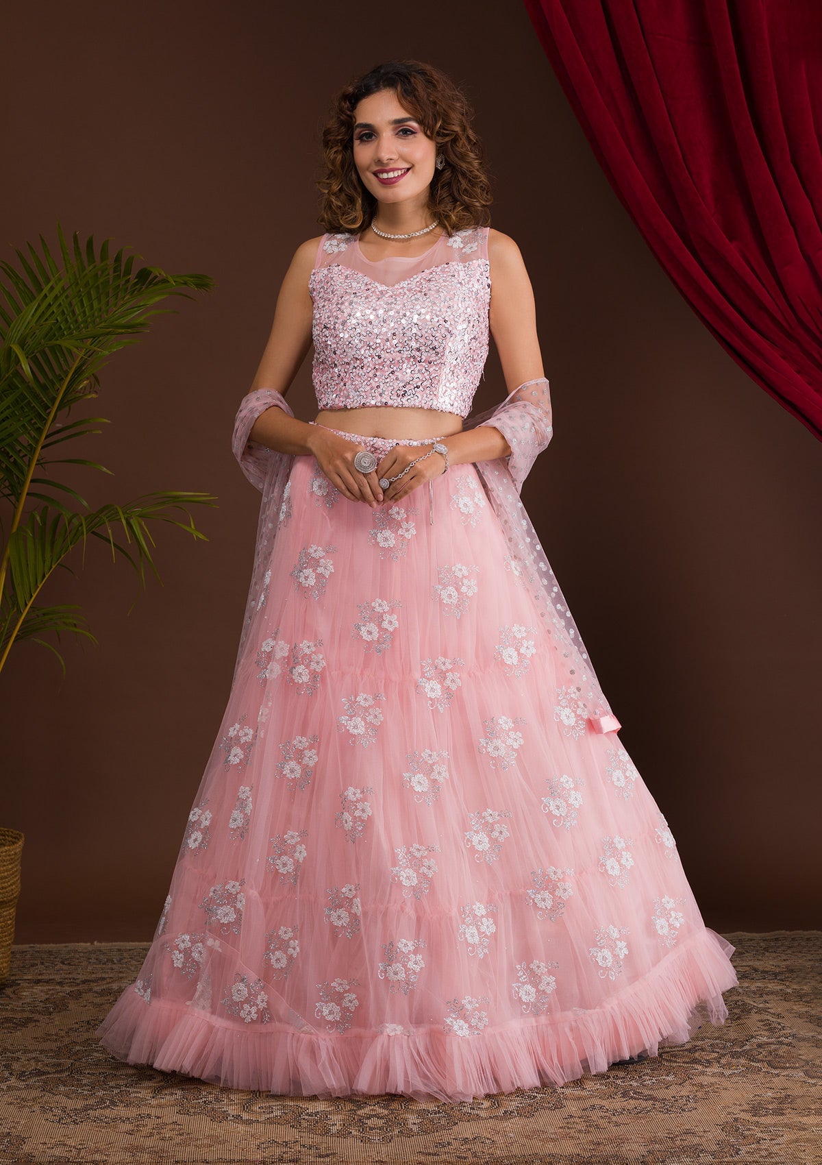 Pink Sequins Net Designer Lehenga-Koskii