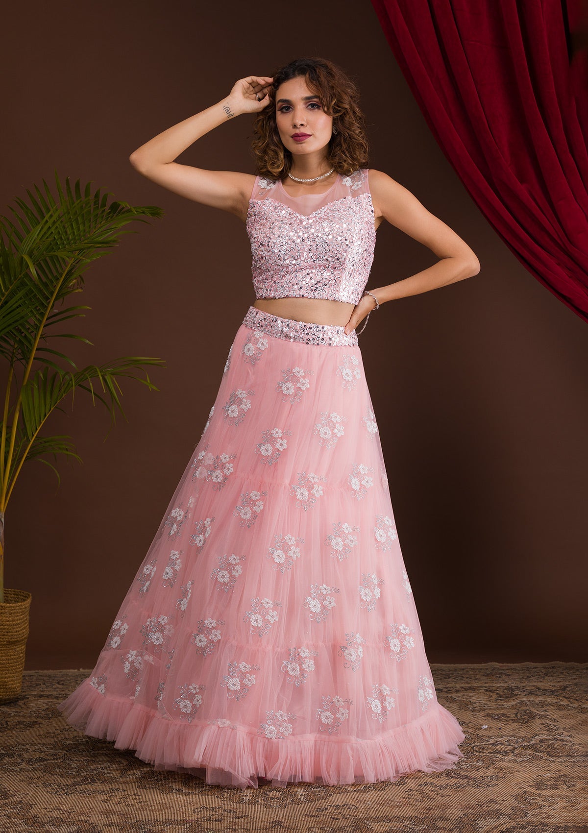 Pink Sequins Net Readymade Lehenga-Koskii