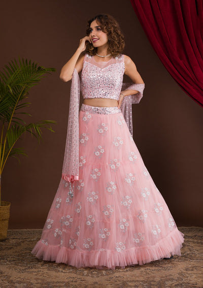 Pink Sequins Net Readymade Lehenga-Koskii