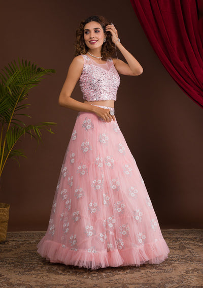 Pink Sequins Net Readymade Lehenga-Koskii