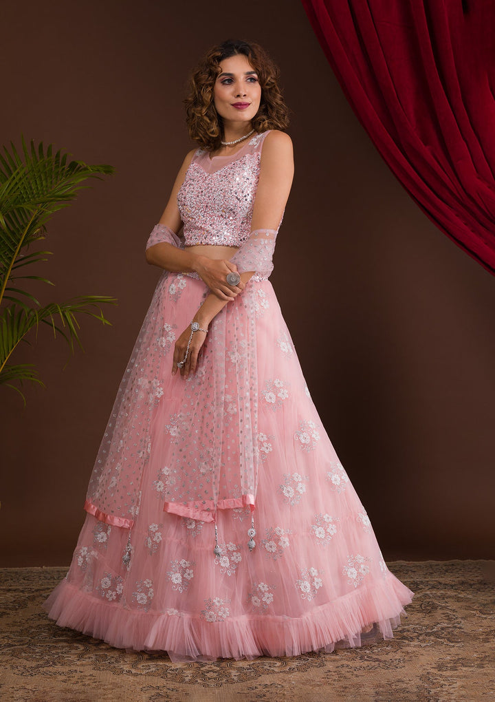 Pink Sequins Net Readymade Lehenga-Koskii