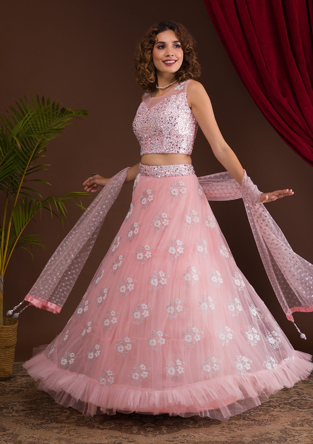 Pink Sequins Net Readymade Lehenga-Koskii