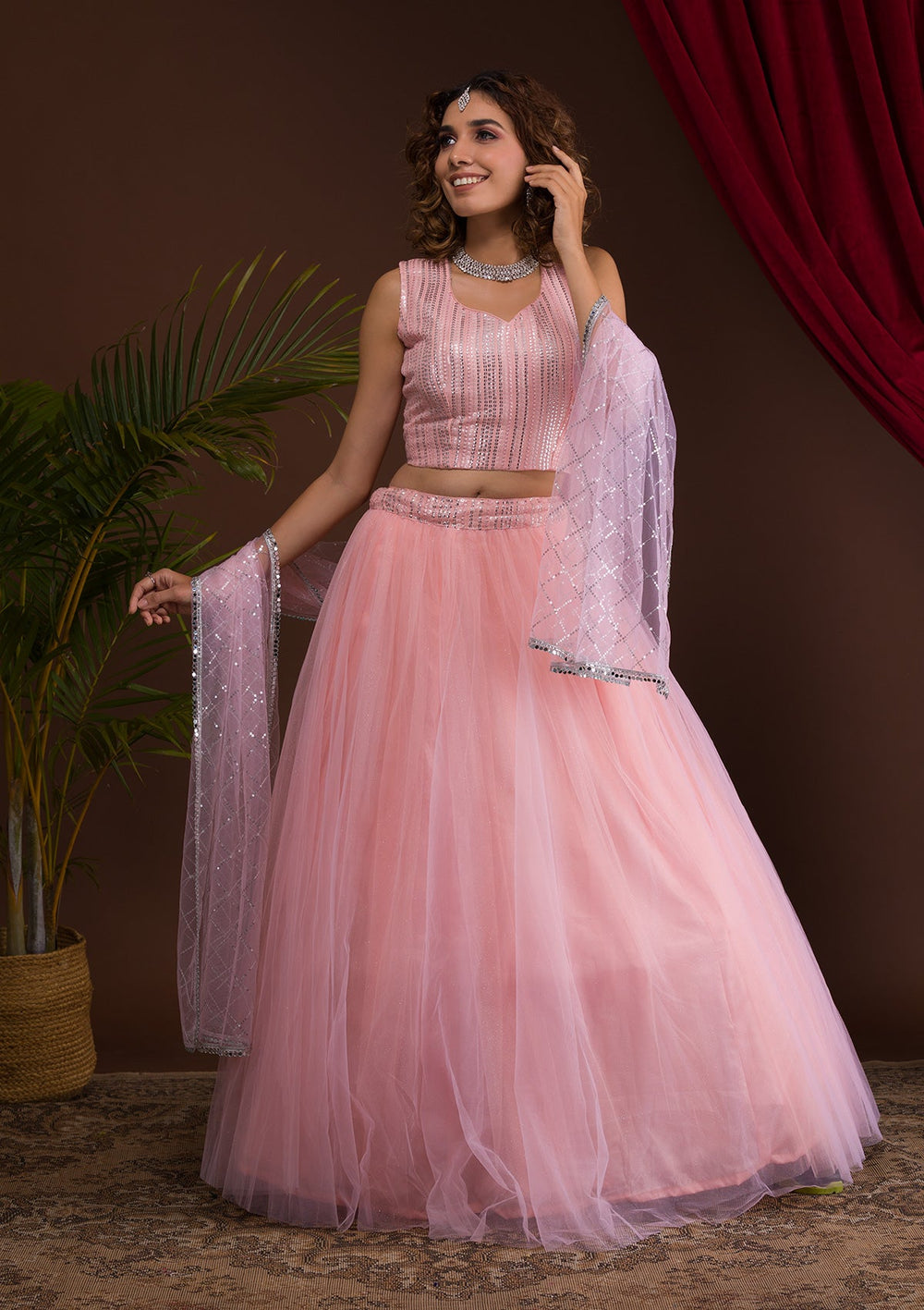 Pink Sequins Net Readymade Lehenga-Koskii