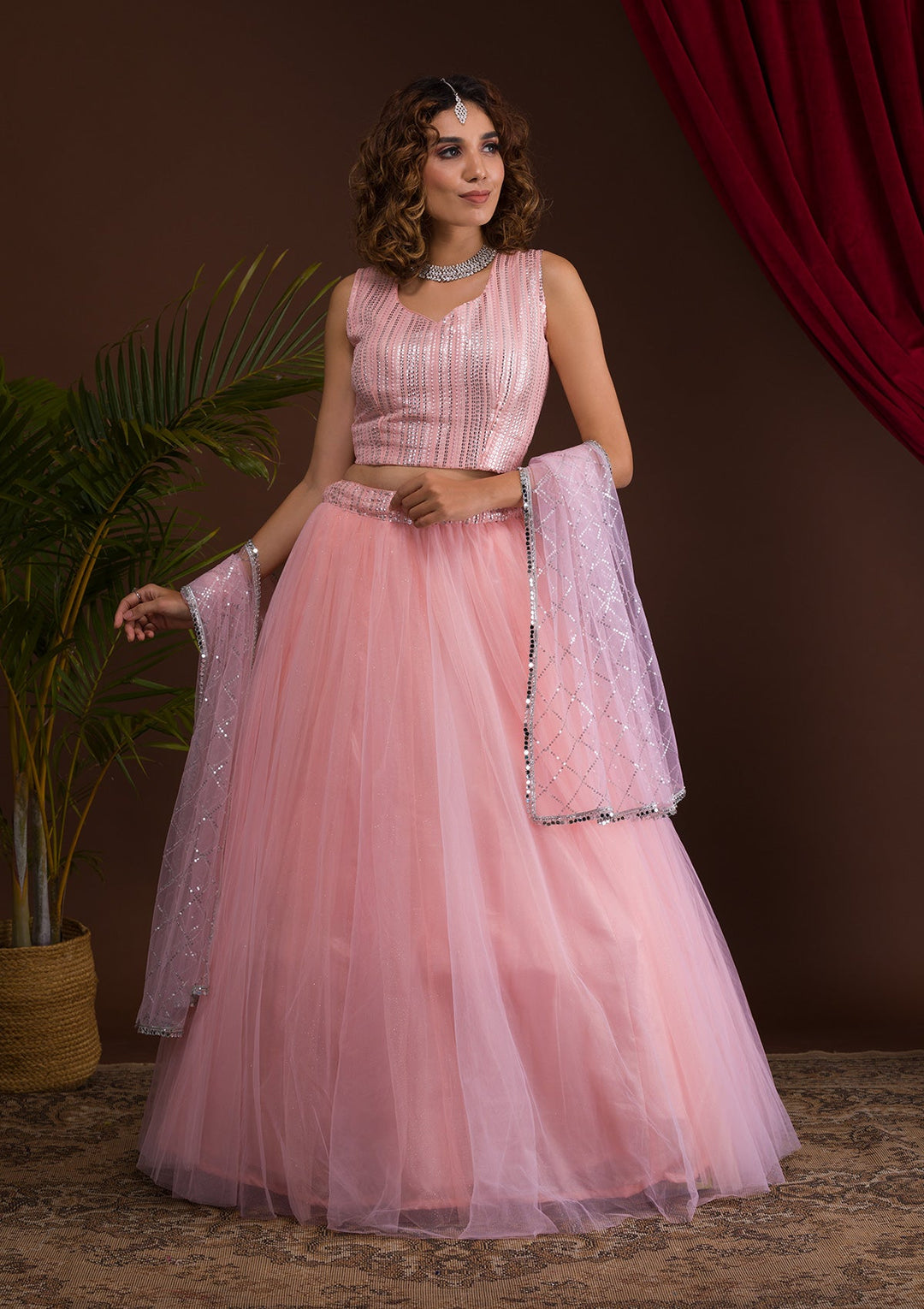 Pink Sequins Net Readymade Lehenga-Koskii