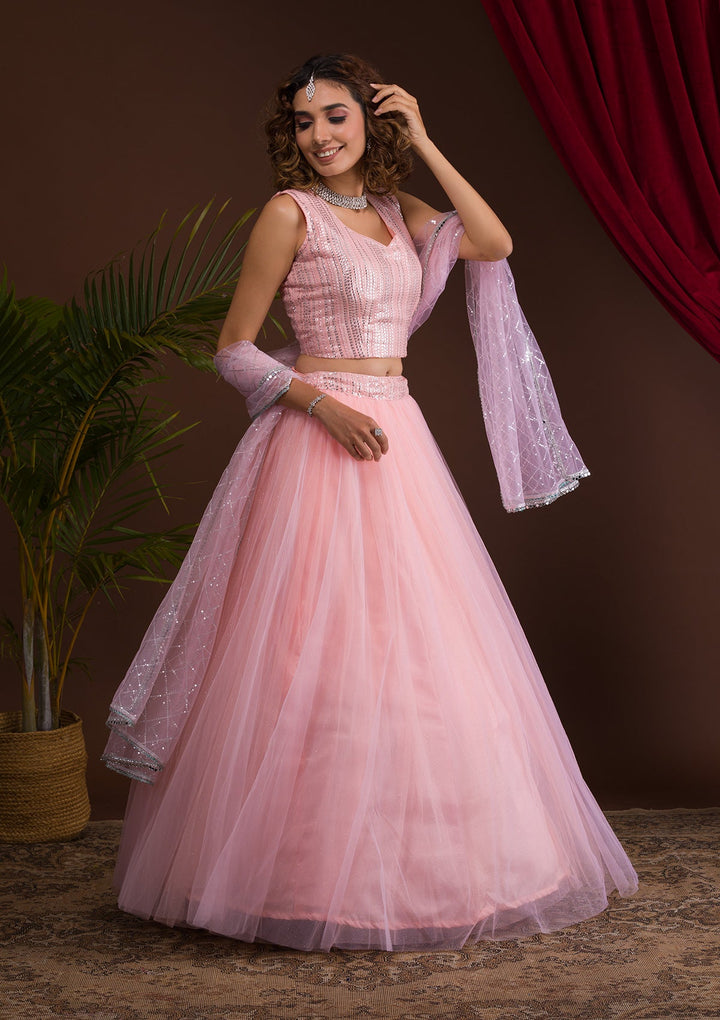Pink Sequins Net Readymade Lehenga-Koskii