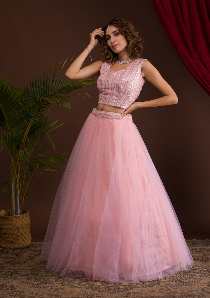 Pink Sequins Net Readymade Lehenga-Koskii
