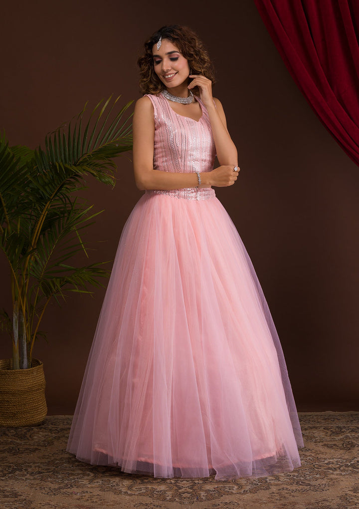 Pink Sequins Net Readymade Lehenga-Koskii