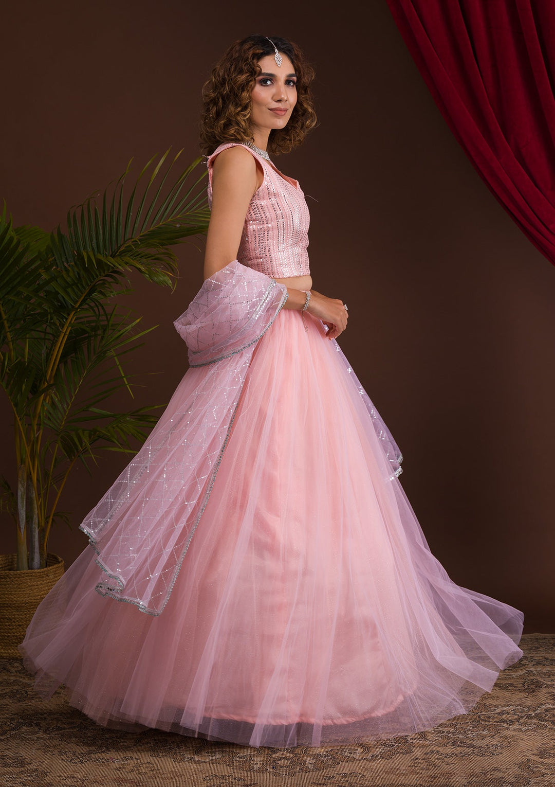 Pink Sequins Net Readymade Lehenga-Koskii