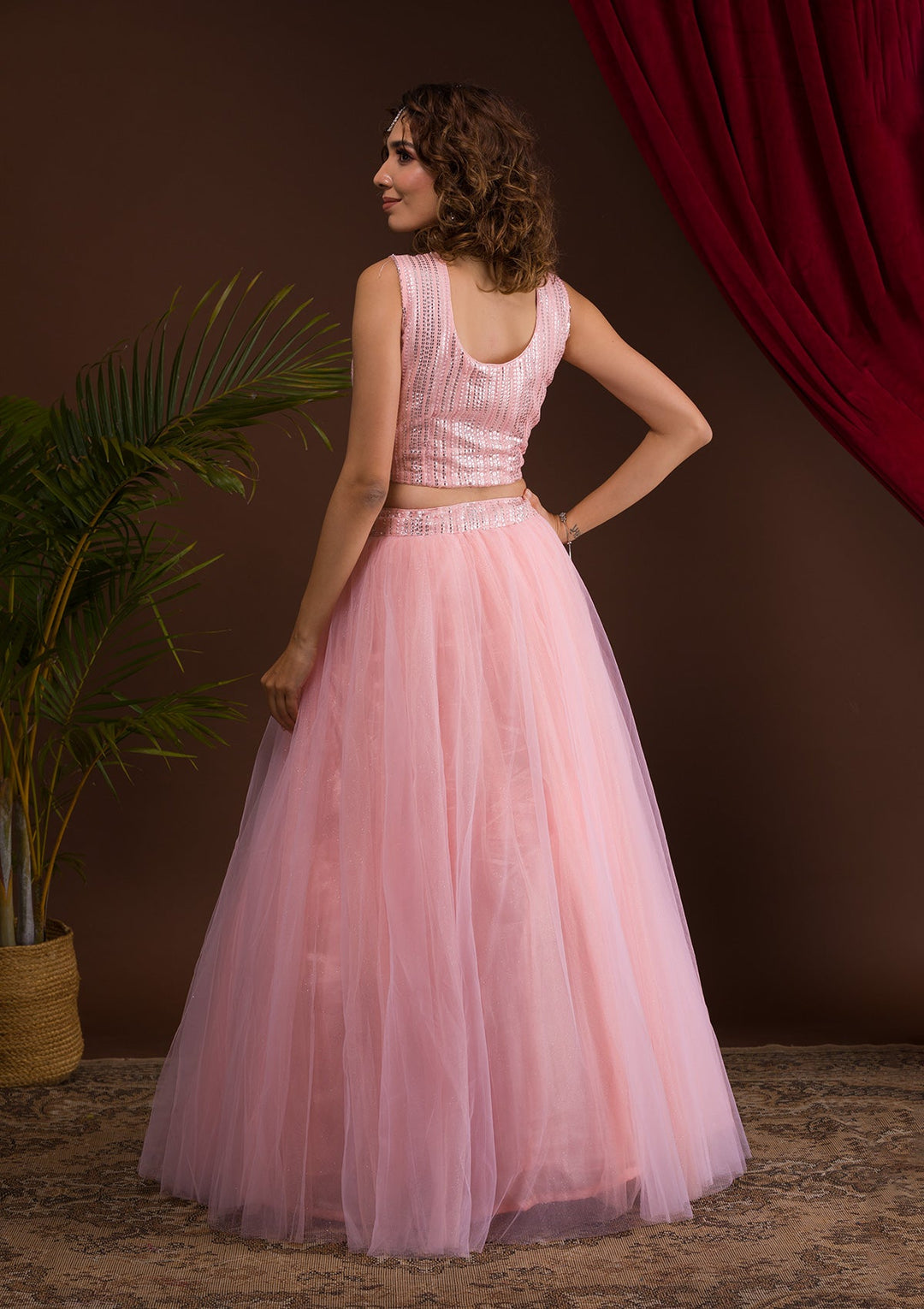 Pink Sequins Net Readymade Lehenga-Koskii