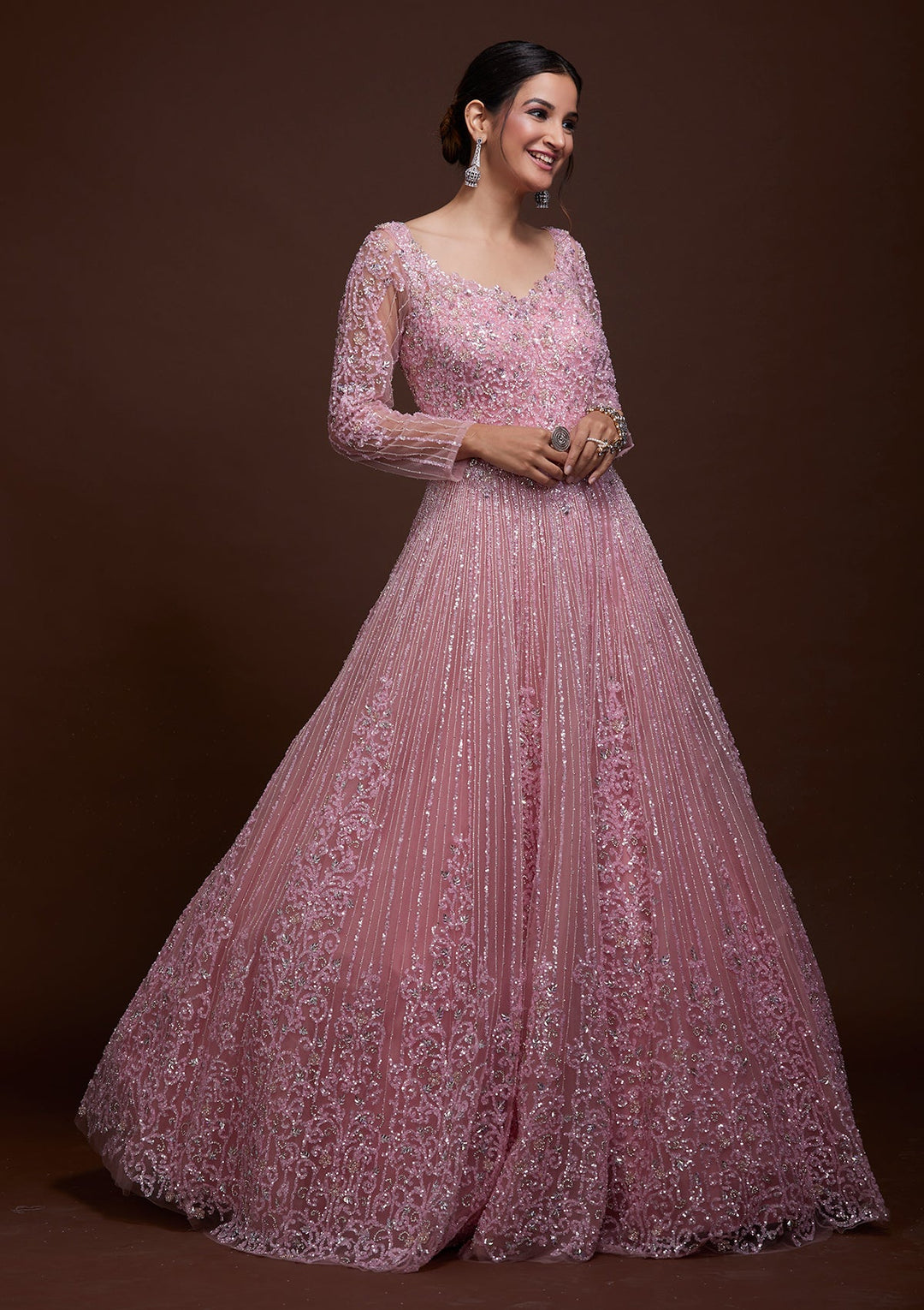 Pink Sequins Net Gown-Koskii