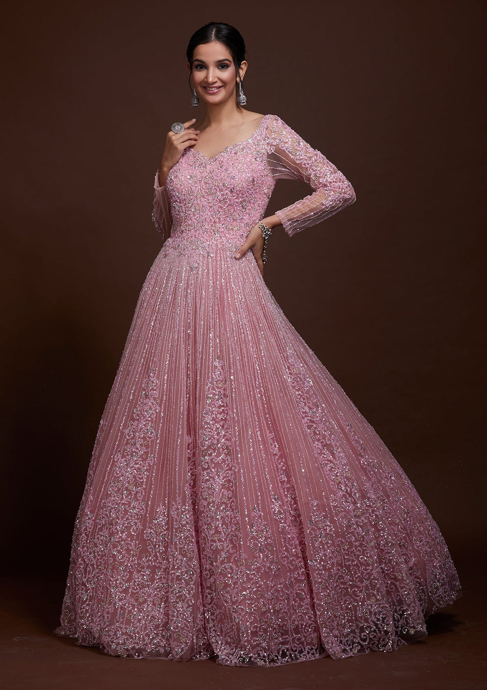 Pink Sequins Net Gown-Koskii
