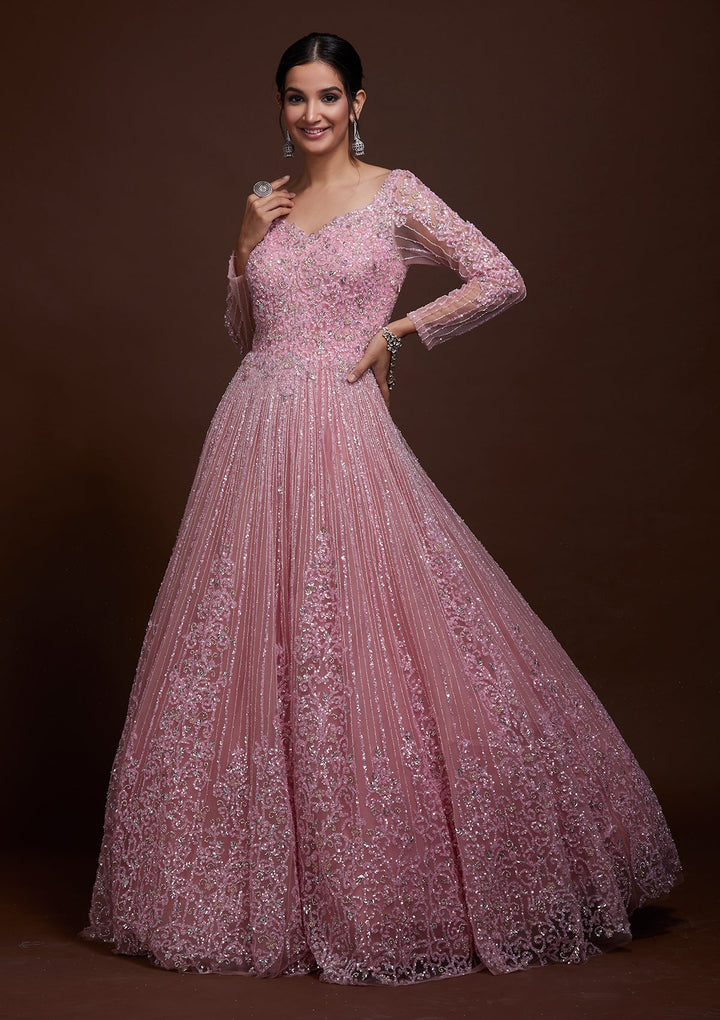 Pink Sequins Net Gown-Koskii