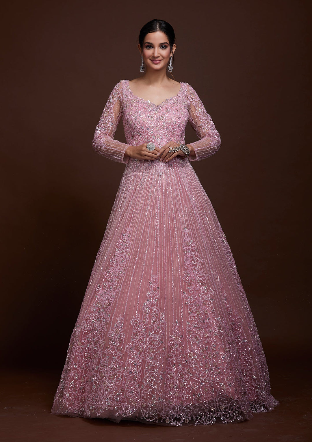 Pink Sequins Net Gown-Koskii
