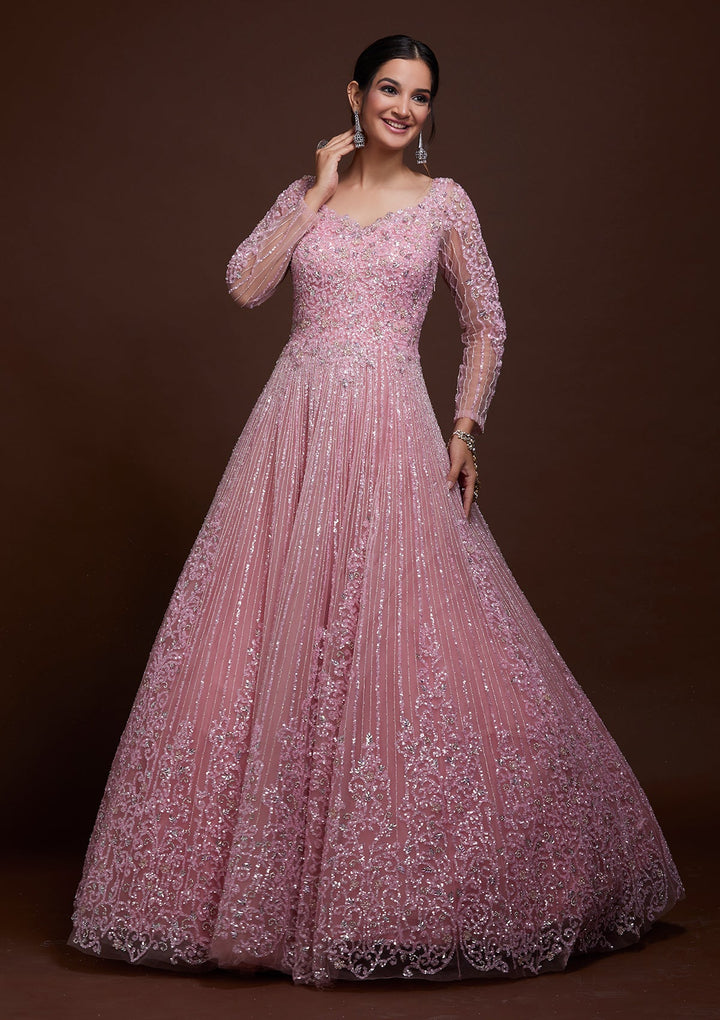 Pink Sequins Net Gown-Koskii