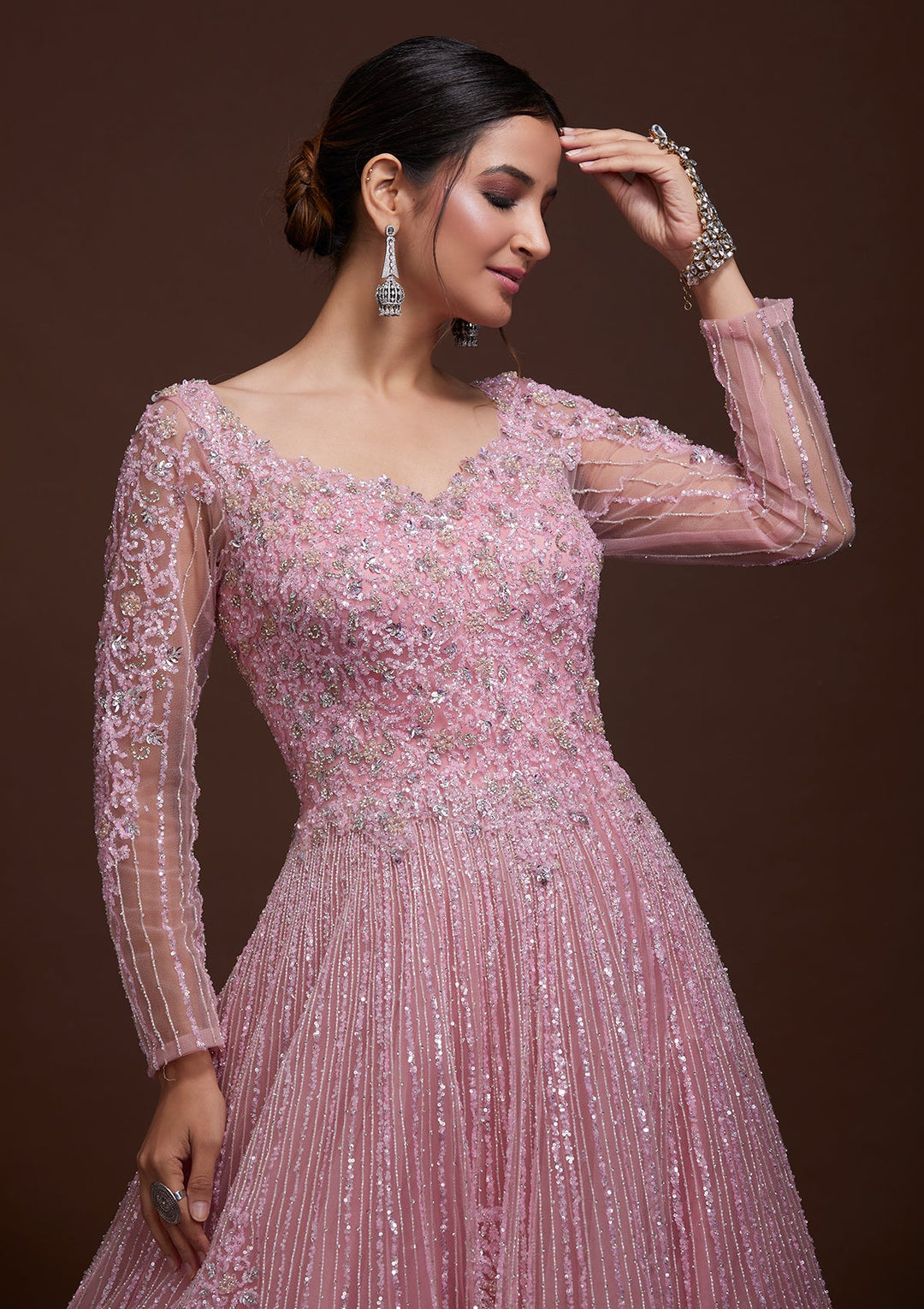Pink Sequins Net Gown-Koskii