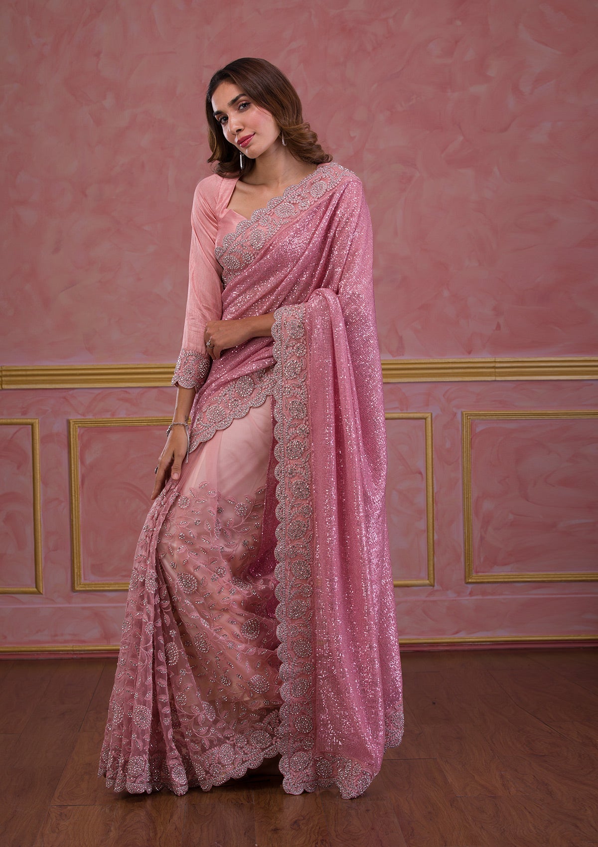 Baby Pink Sequins Shimmer Saree
