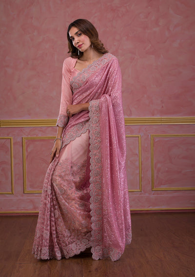 Pink Swarovski Georgette Designer Saree-Koskii