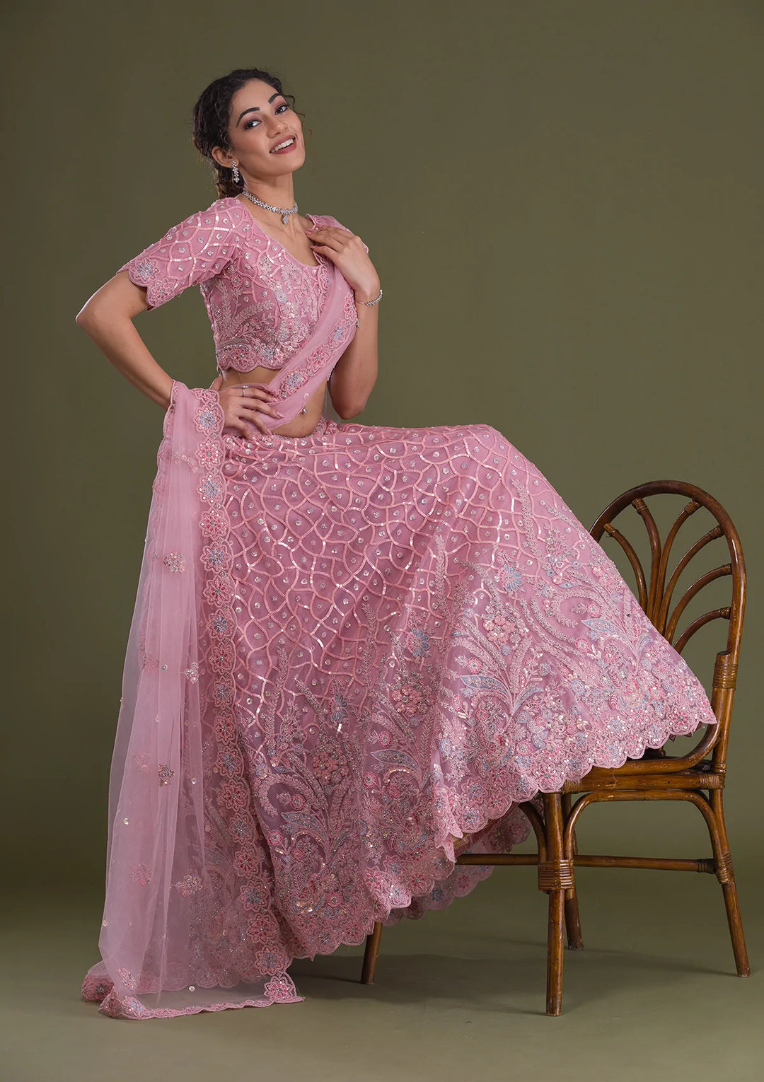 Pink Sequins Net Semi Stitched Lehenga-Koskii