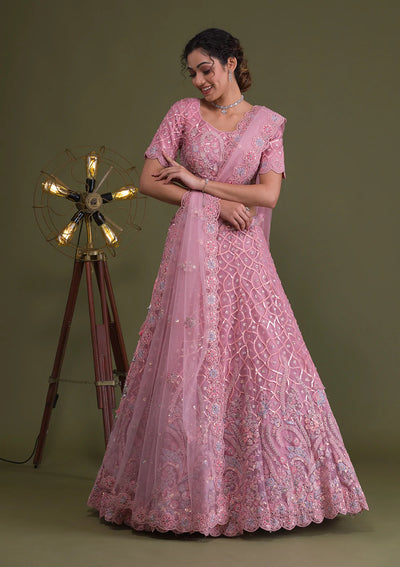 Pink Sequins Net Semi Stitched Lehenga-Koskii