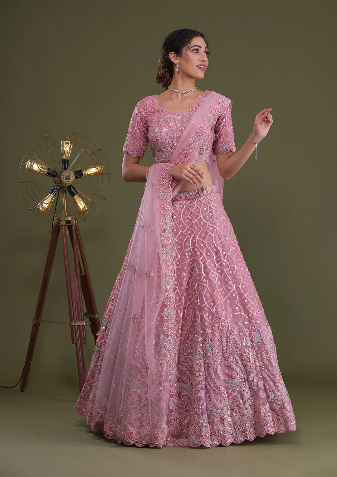 Pink Sequins Net Semi Stitched Lehenga-Koskii
