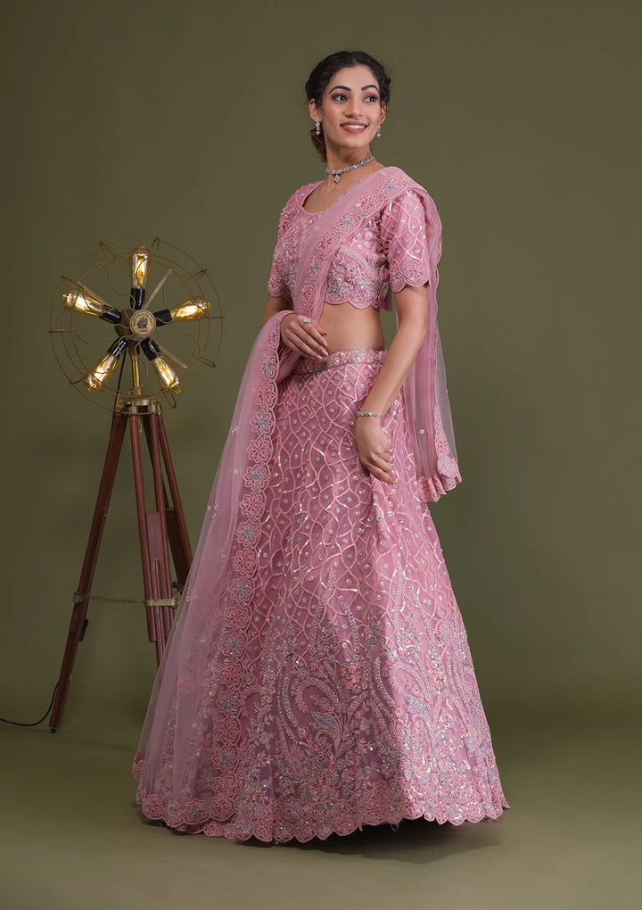Pink Sequins Net Semi Stitched Lehenga-Koskii