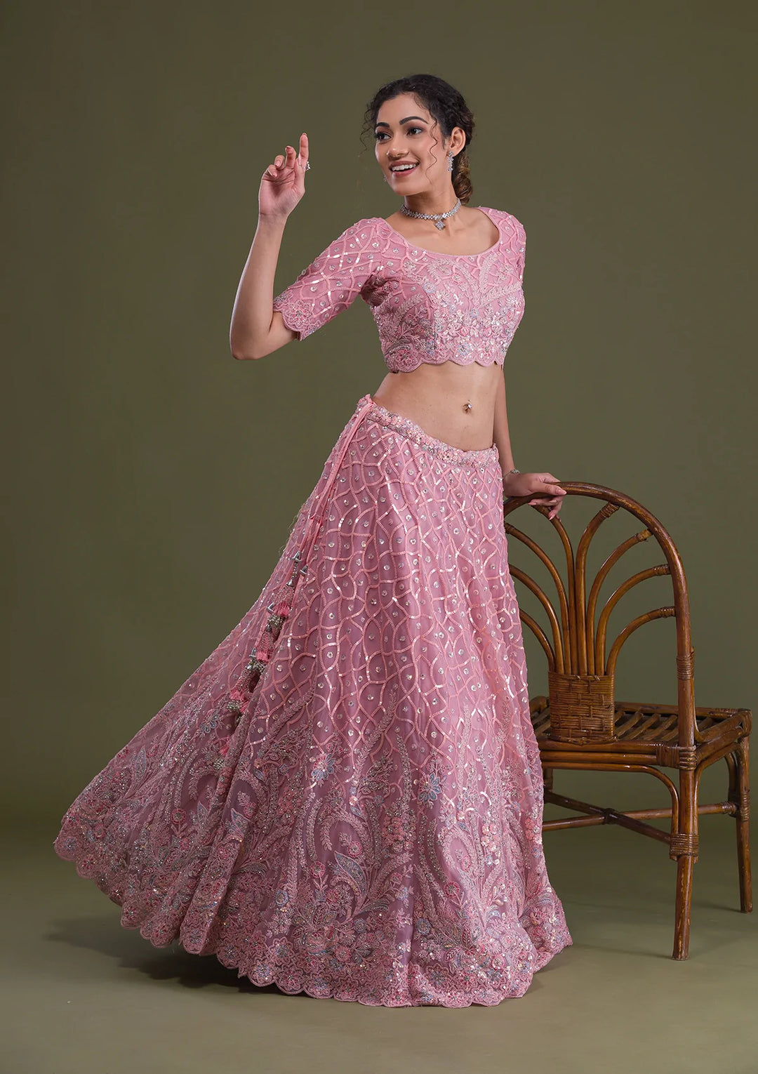 Pink Sequins Net Semi Stitched Lehenga-Koskii