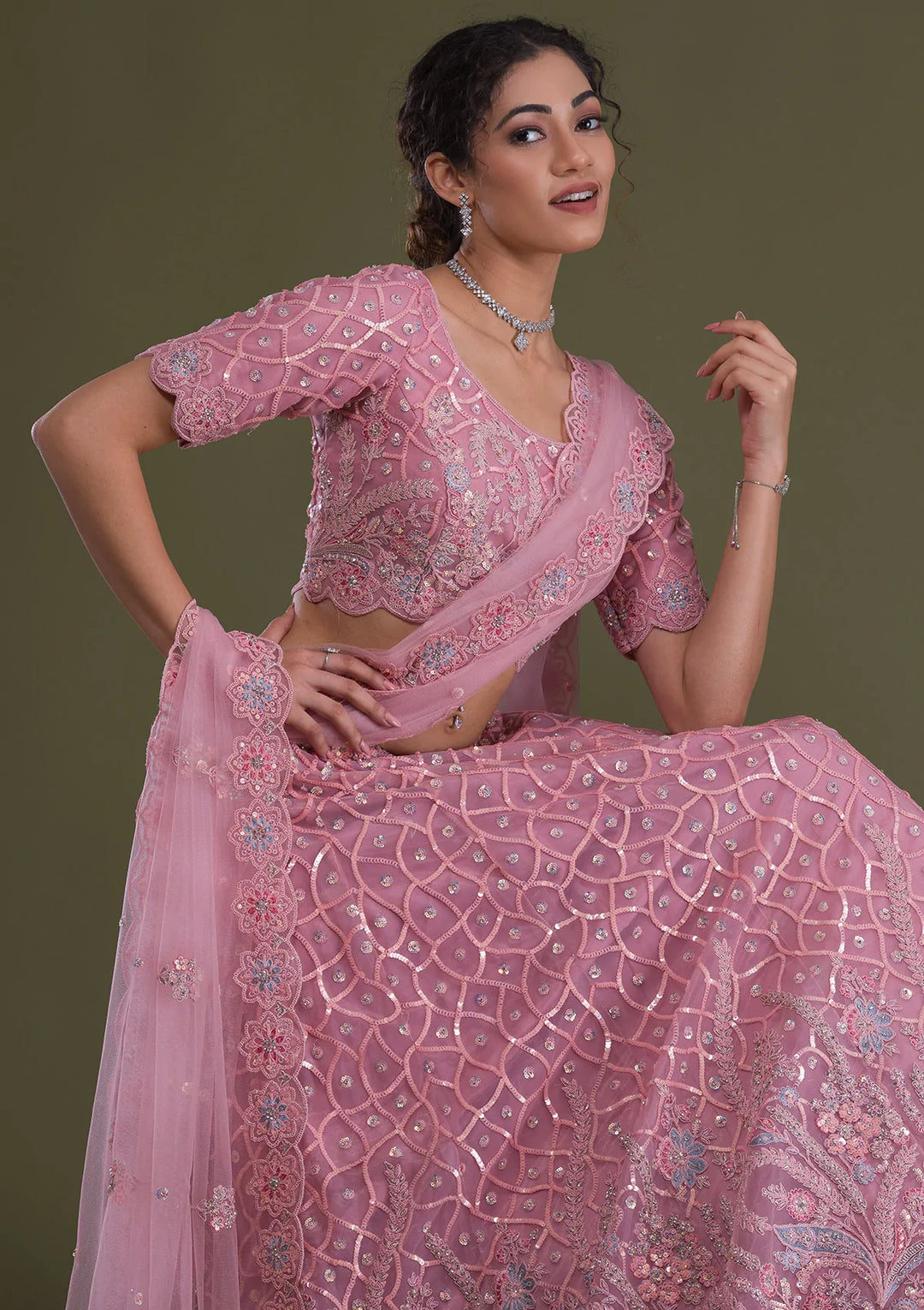 Pink Sequins Net Semi Stitched Lehenga-Koskii