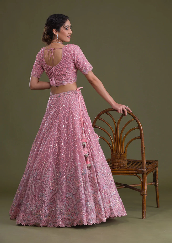 Pink Sequins Net Semi Stitched Lehenga-Koskii